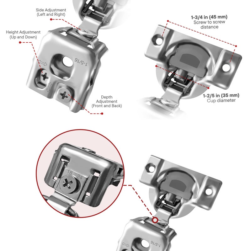 Berta 10-Pack, 1-5/16 inch Overlay Soft Closing Face Frame Cabinet Hinges, 105 Degree 6-Ways 3-Cam Adjustment Concealed Kitchen Cabinet Door Hinges with Screws (1-5/16 in. Overlay, 10 Pieces) - Image 3